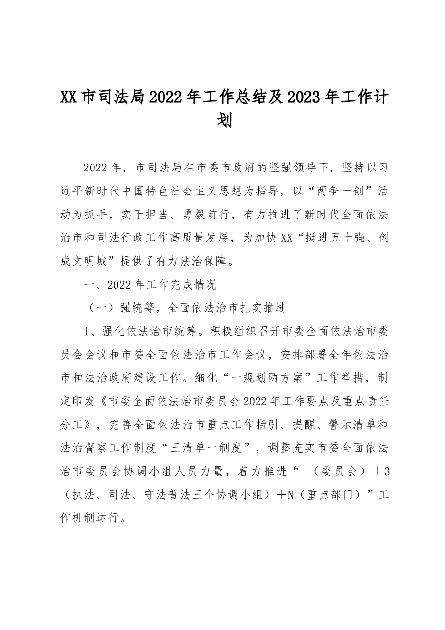 XX市司法局2022年工作总结及2023年工作计划.docx，第1页预览