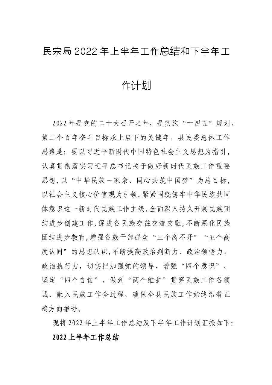 民宗局2022年上半年工作总结和下半年工作计划.docx,第1页预览