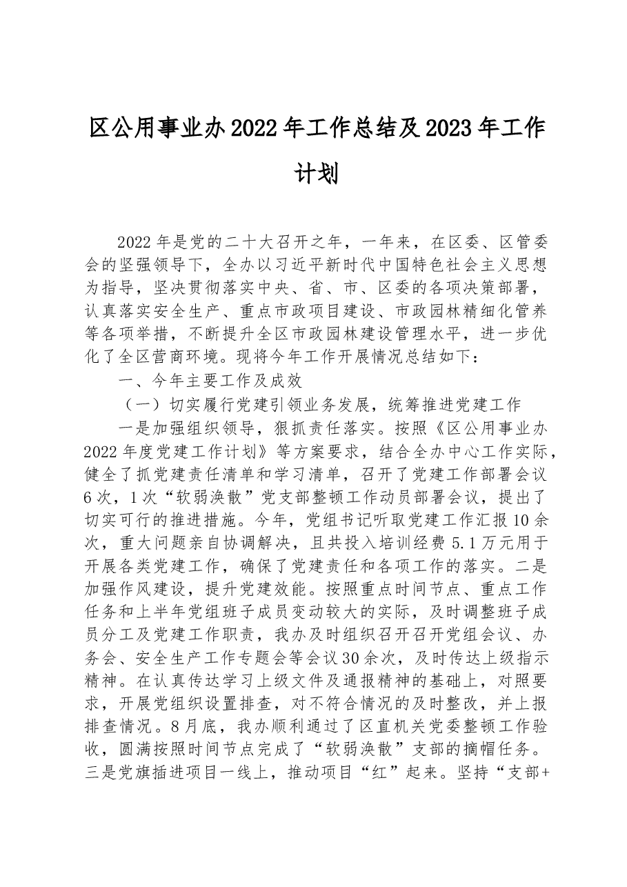 区公用事业办2022年工作总结及2023年工作计划.docx,第1页预览