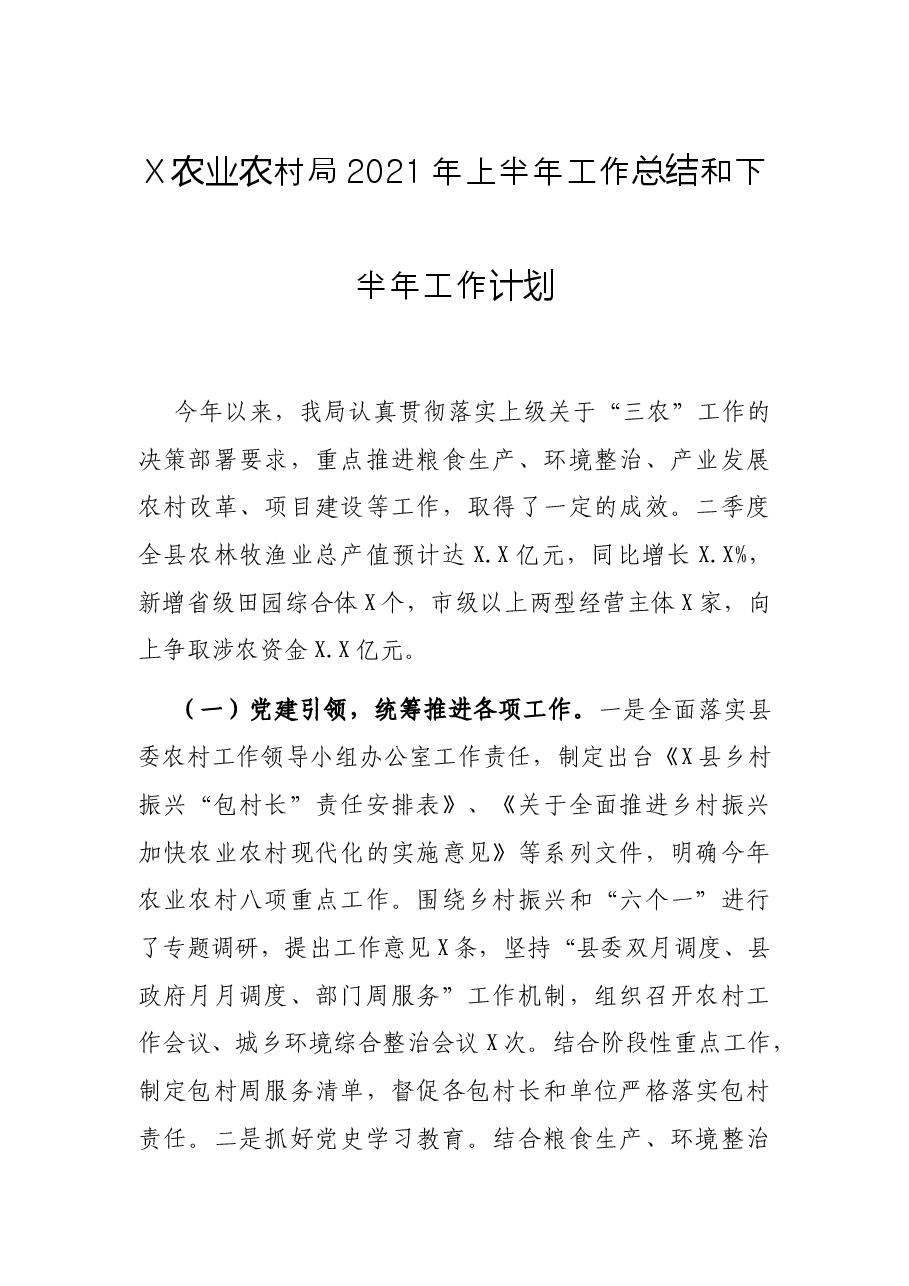X农业农村局2021年上半年工作总结和下半年工作计划.docx,第1页预览