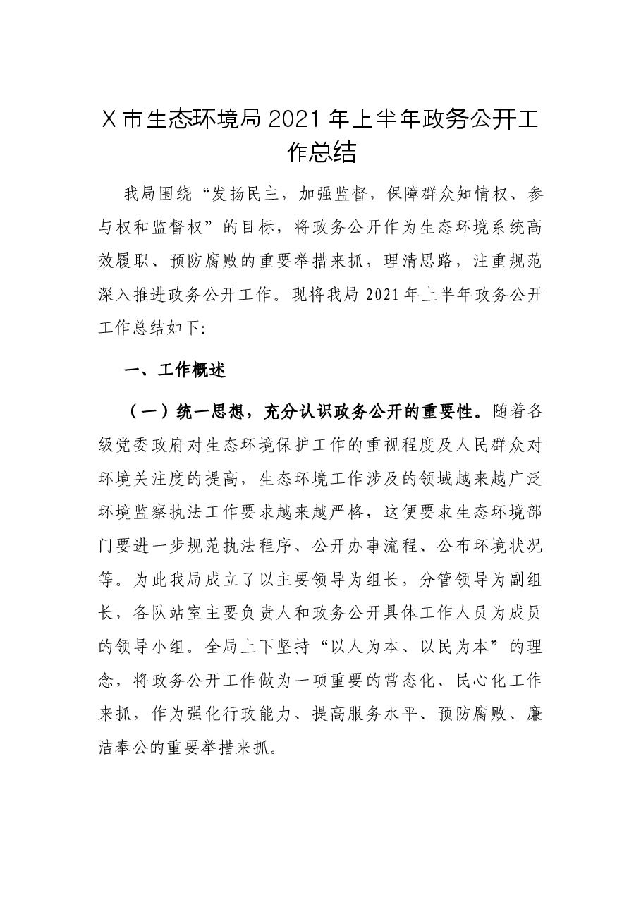 X市生态环境局2021年上半年政务公开工作总结.docx,第1页预览