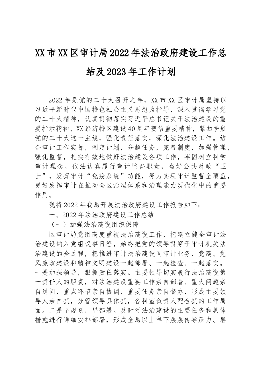 XX市XX区审计局2022年法治政府建设工作总结及2023年工作计划.docx,第1页预览