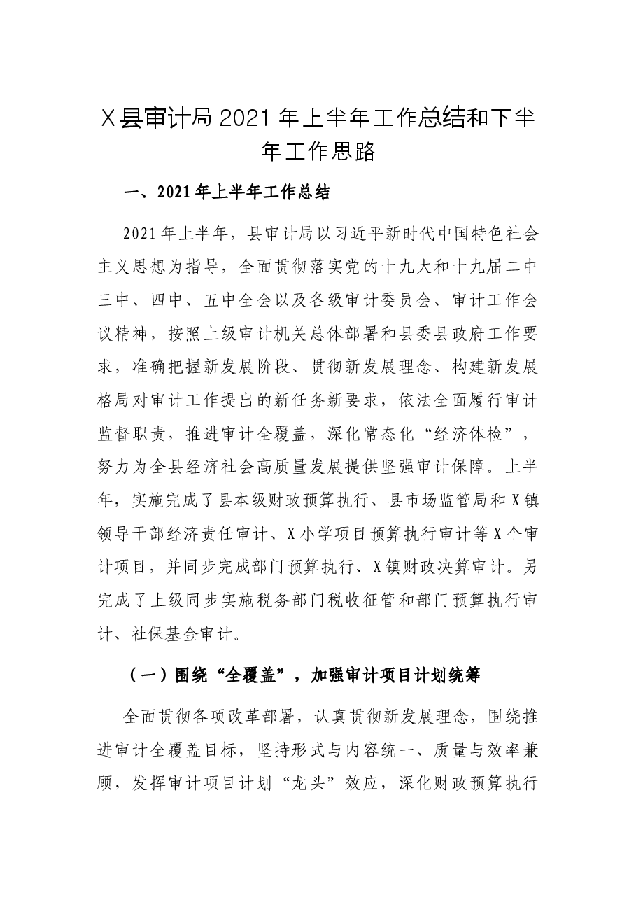 X县审计局2021年上半年工作总结和下半年工作思路.docx，第1页预览