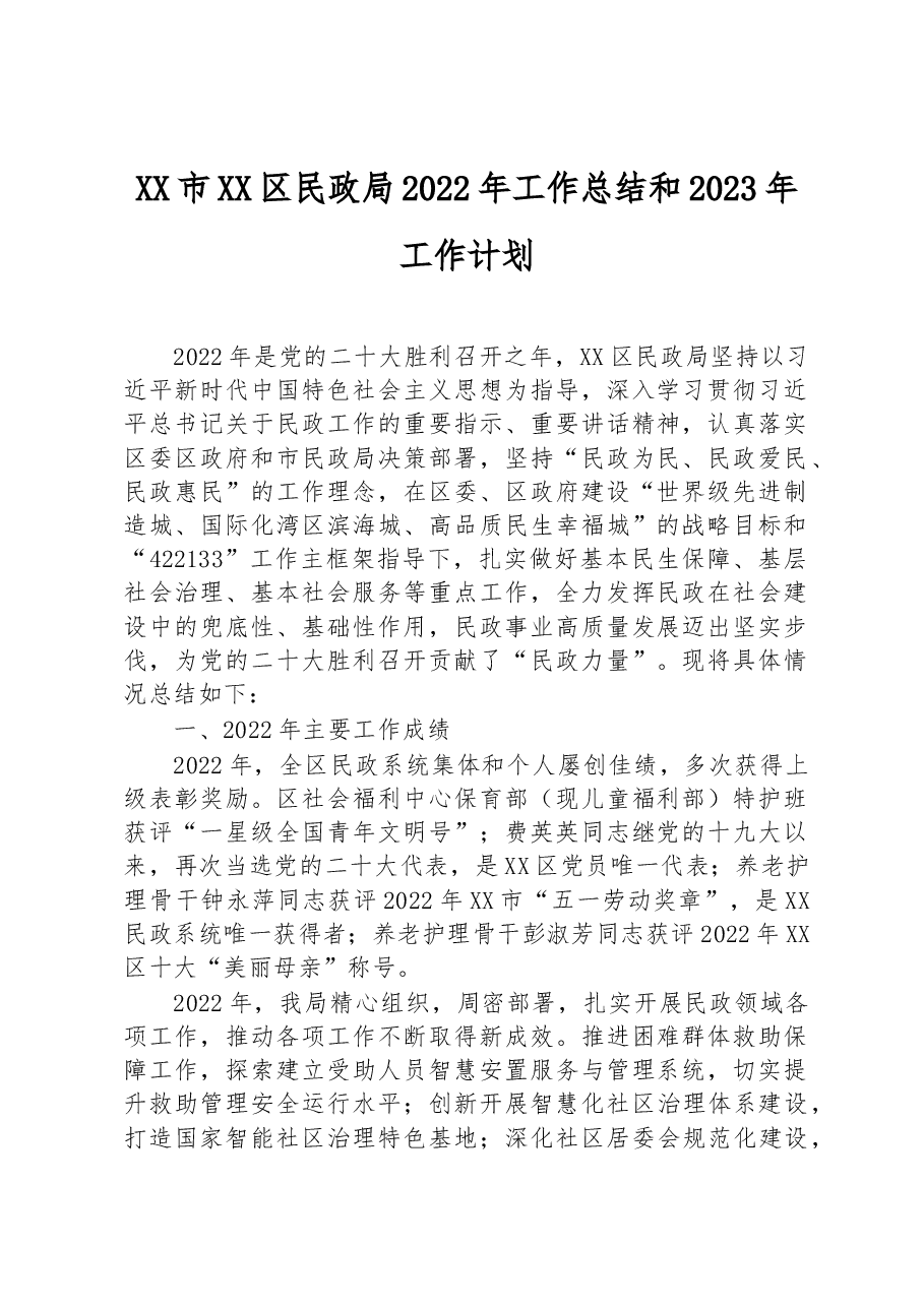 XX市XX区民政局2022年工作总结和2023年工作计划.docx,第1页预览