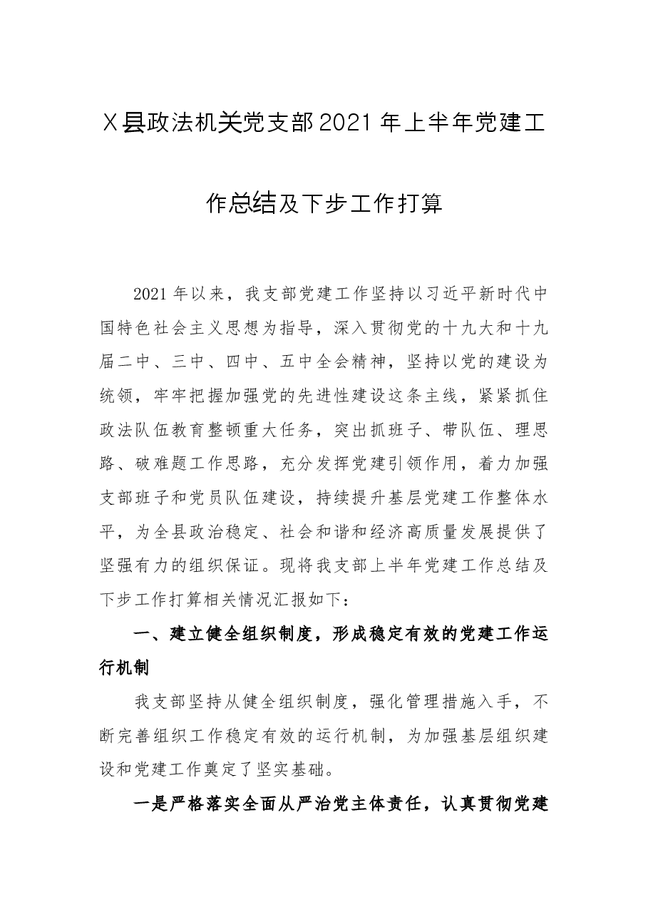 20210801X县政法机关党支部2021年上半年党建工作总结及下步工作打算.docx,第1页预览