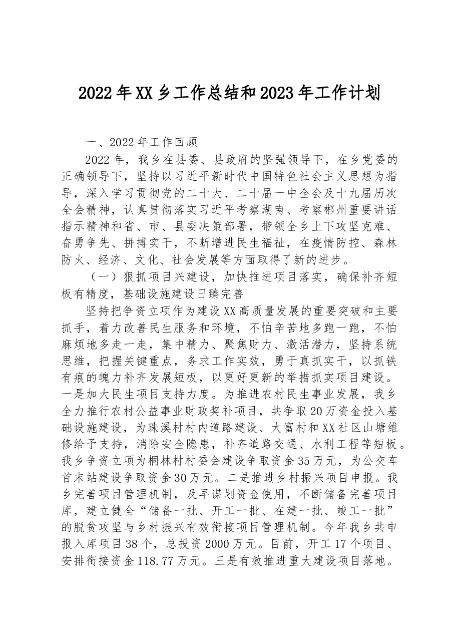 2022年XX乡工作总结和2023年工作计划.docx,第1页预览