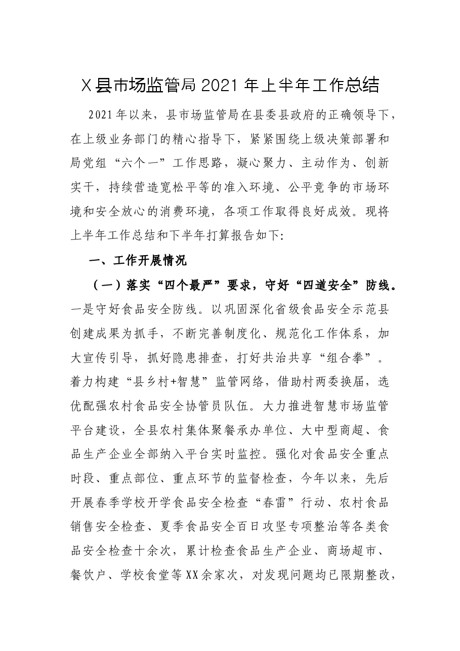 X县市场监管局2021年上半年工作总结.docx,第1页预览