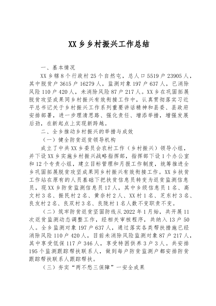 XX乡乡村振兴工作总结.docx,第1页预览