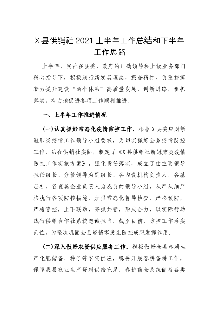 X县供销社2021上半年工作总结和下半年工作思路.docx,第1页预览