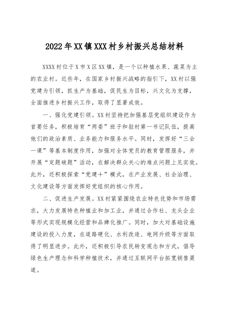2022年XX镇XXX村乡村振兴总结材料.docx,第1页预览