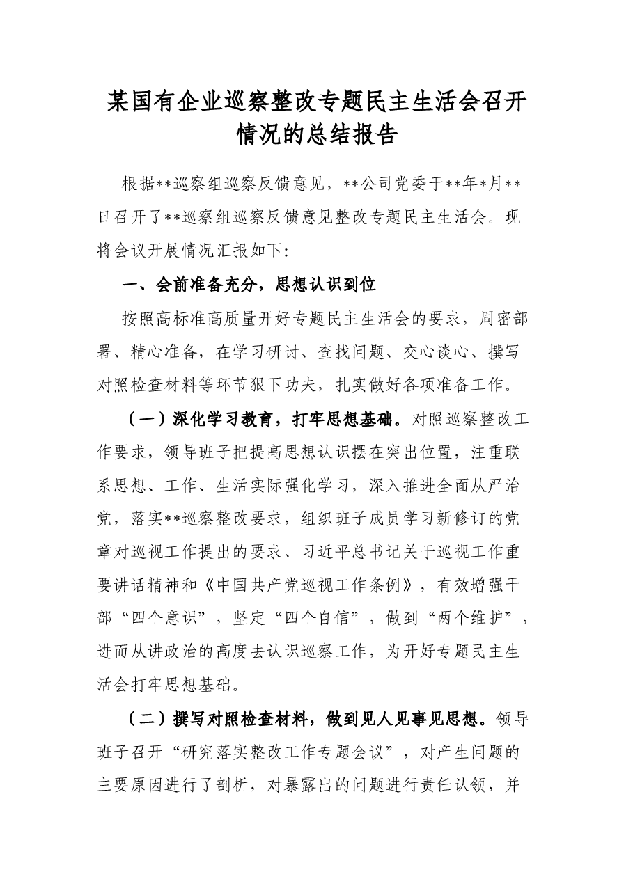 某国有企业巡察整改专题民主生活会召开情况的总结报告.docx,第1页预览