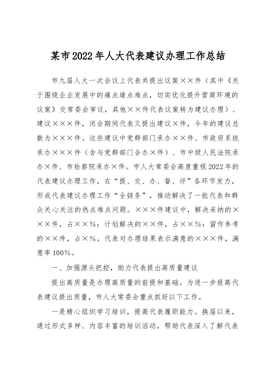 某市2022年人大代表建议办理工作总结.docx,第1页预览