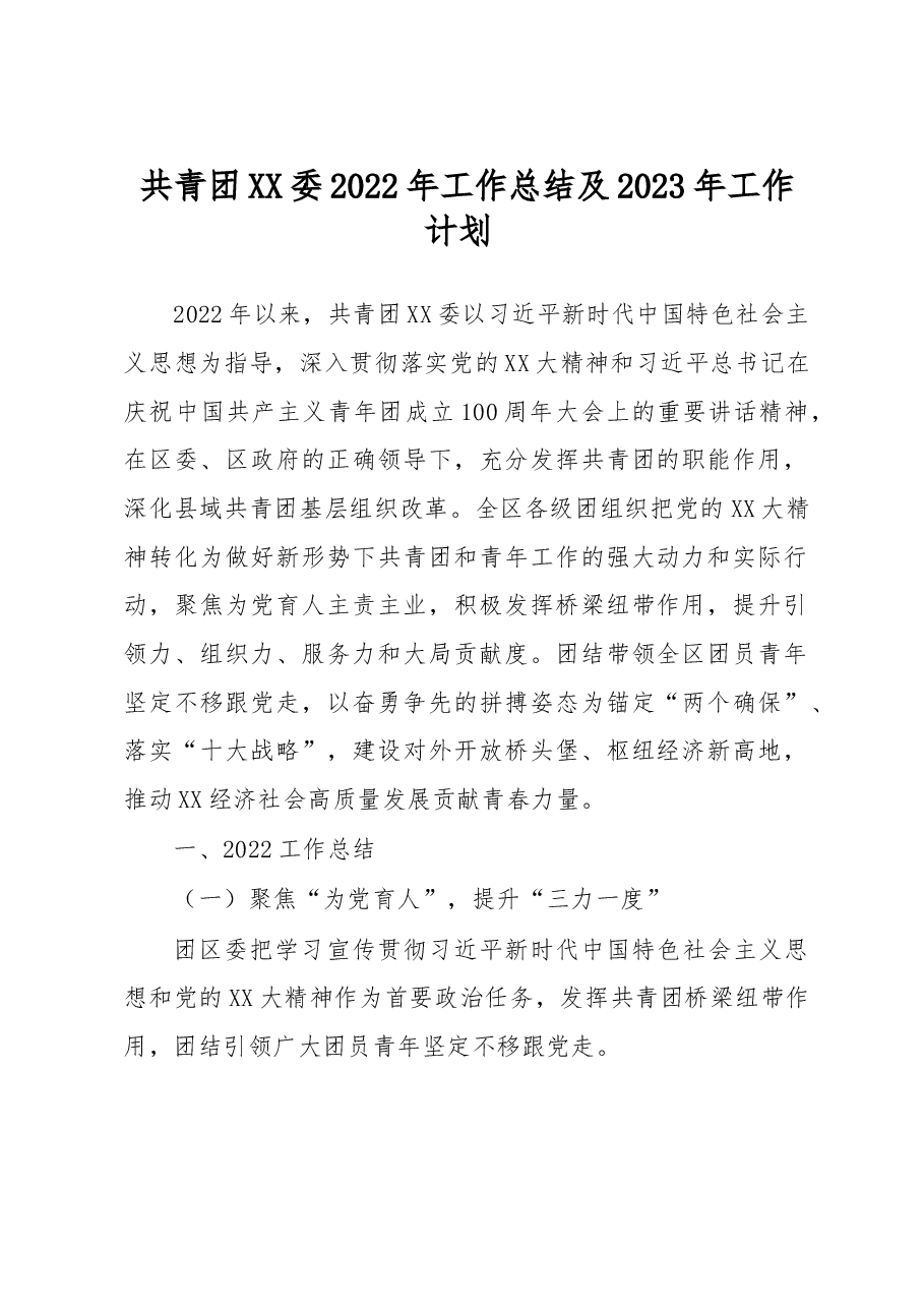 共青团XX委2022年工作总结及2023年工作计划 .docx,第1页预览