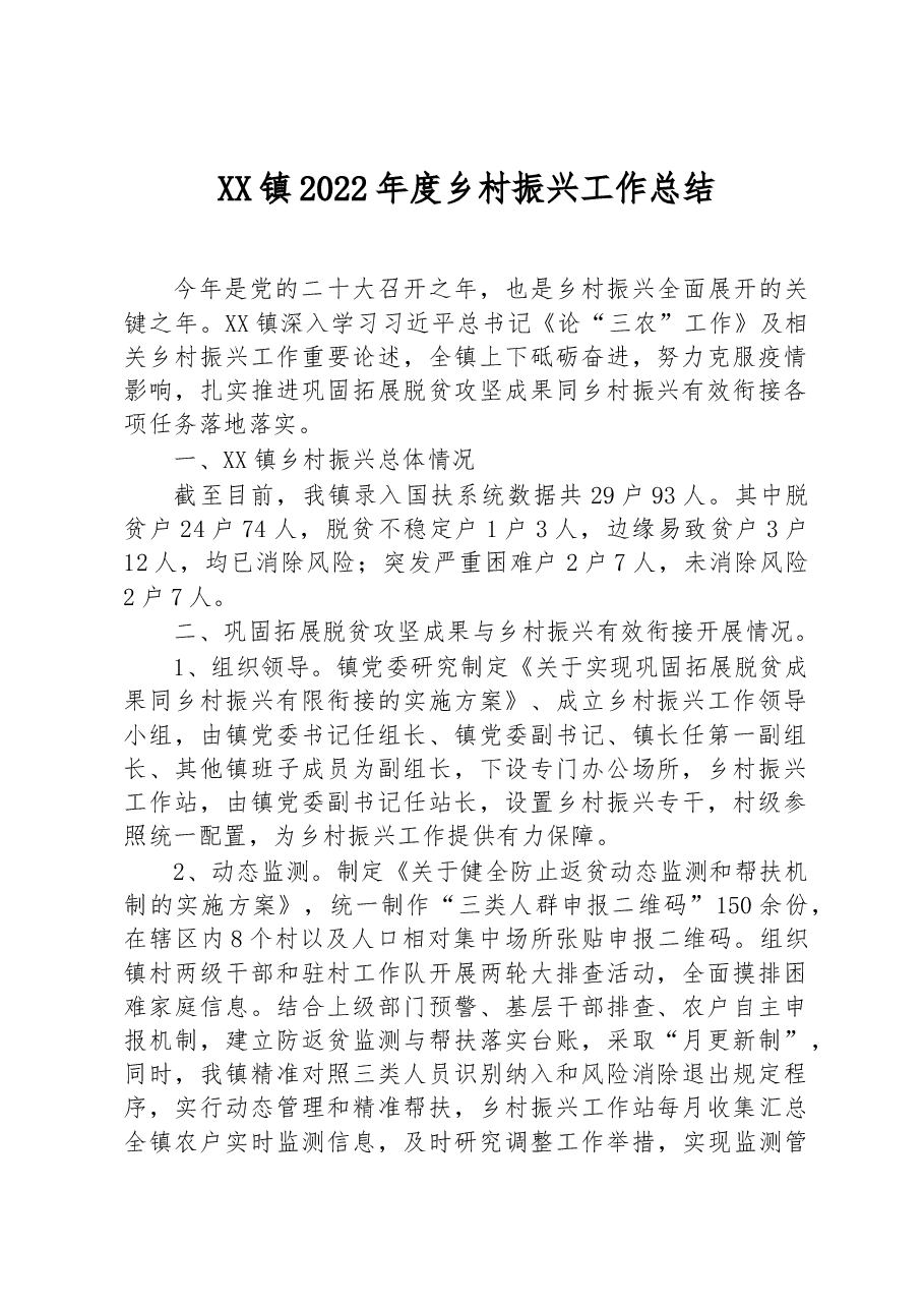 XX镇2022年度乡村振兴工作总结.docx,第1页预览