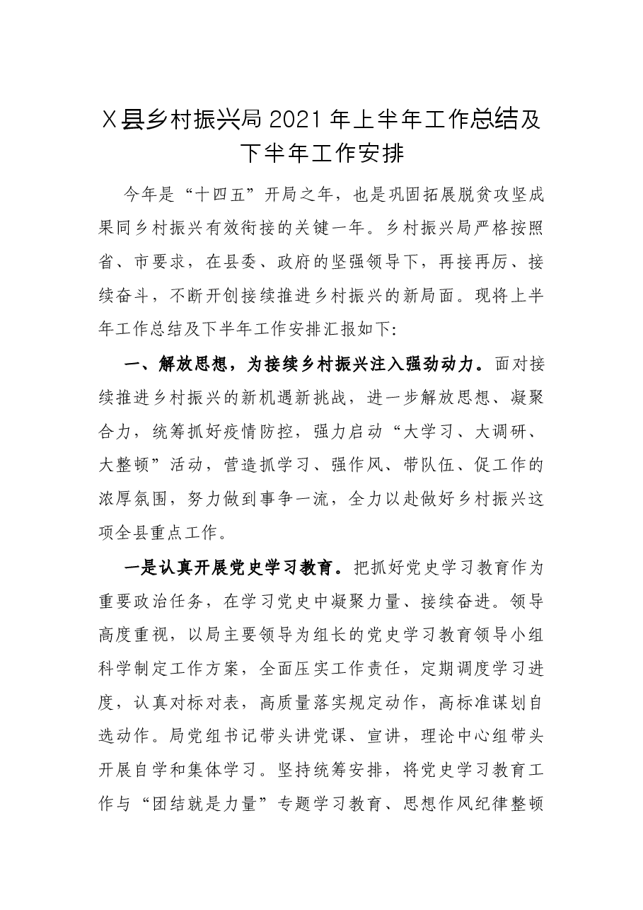 X县乡村振兴局2021年上半年工作总结及下半年工作安排.docx,第1页预览