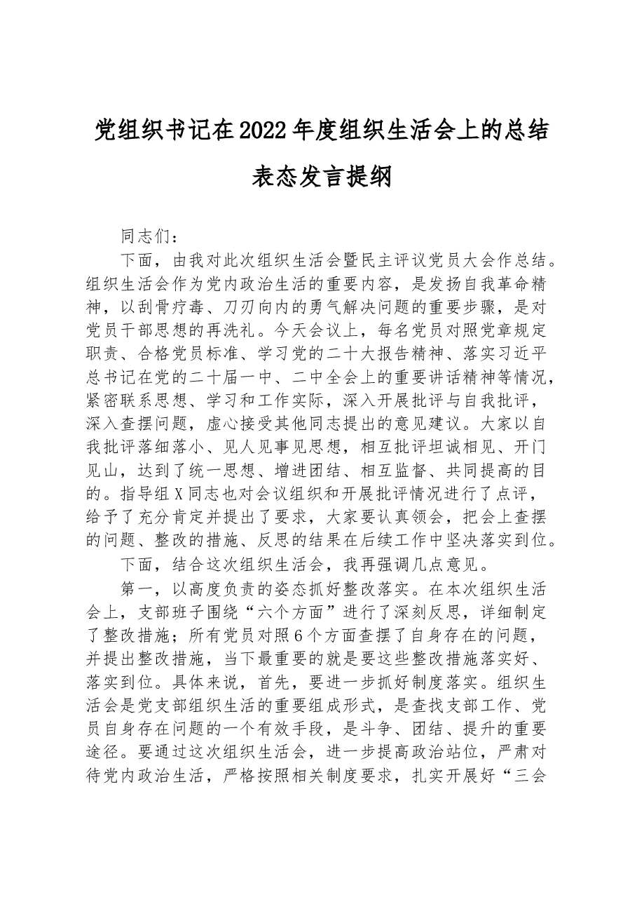 党组织书记在2022年度组织生活会上的总结表态发言提纲.docx,第1页预览