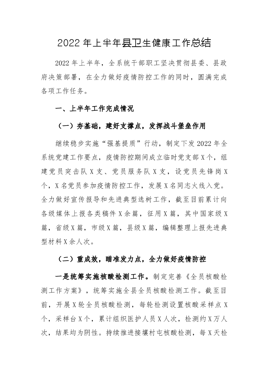 2022年上半年县卫生健康工作总结.docx,第1页预览