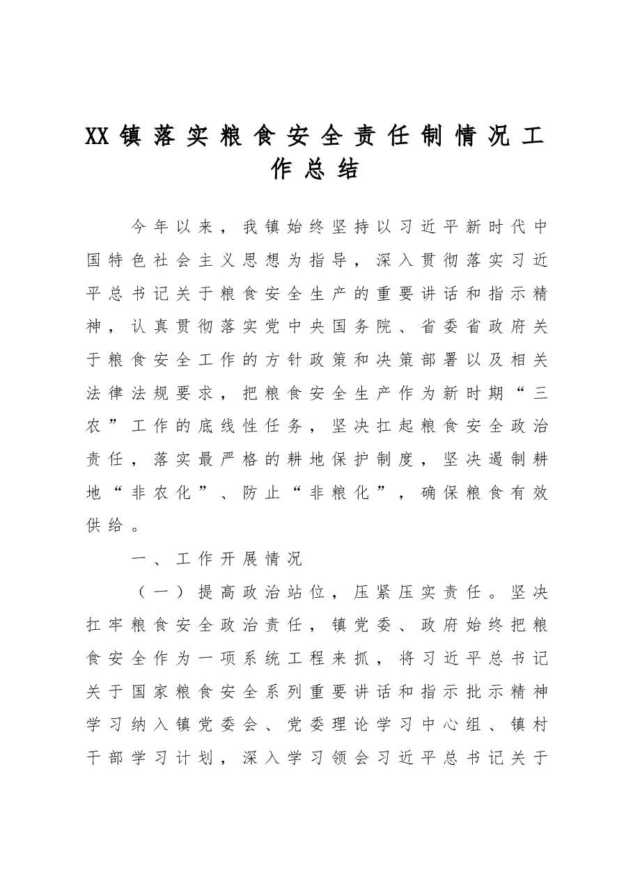 XX镇落实粮食安全责任制情况工作总结.doc,第1页预览