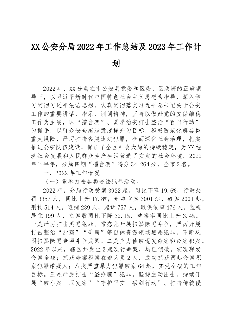 XX公安分局2022年工作总结+及2023年工作计划.docx，第1页预览