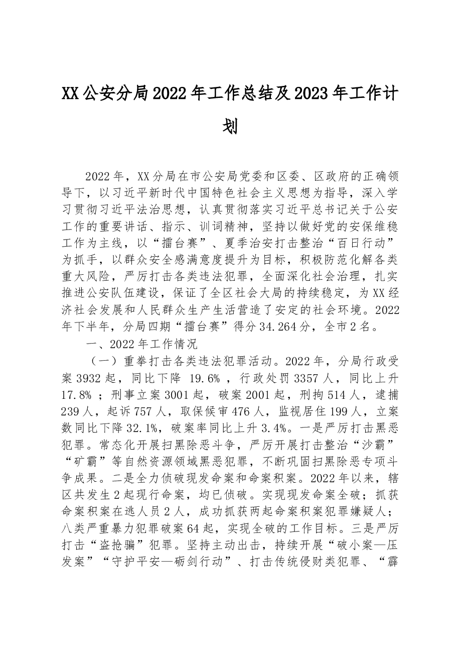 XX公安分局2022年工作总结及2023年工作计划.docx，第1页预览