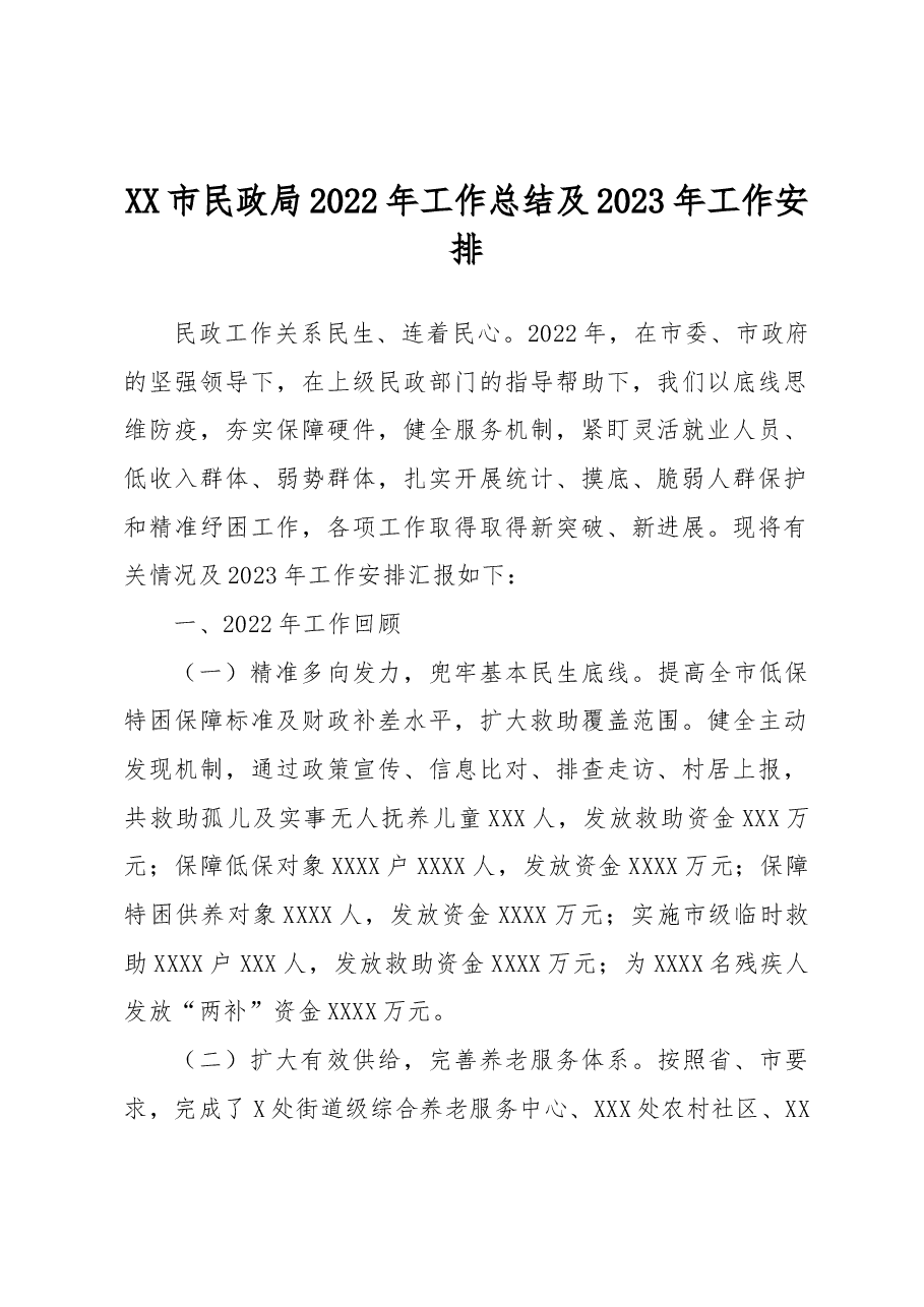 XX市民政局2022年工作总结及2023年工作安排.docx,第1页预览