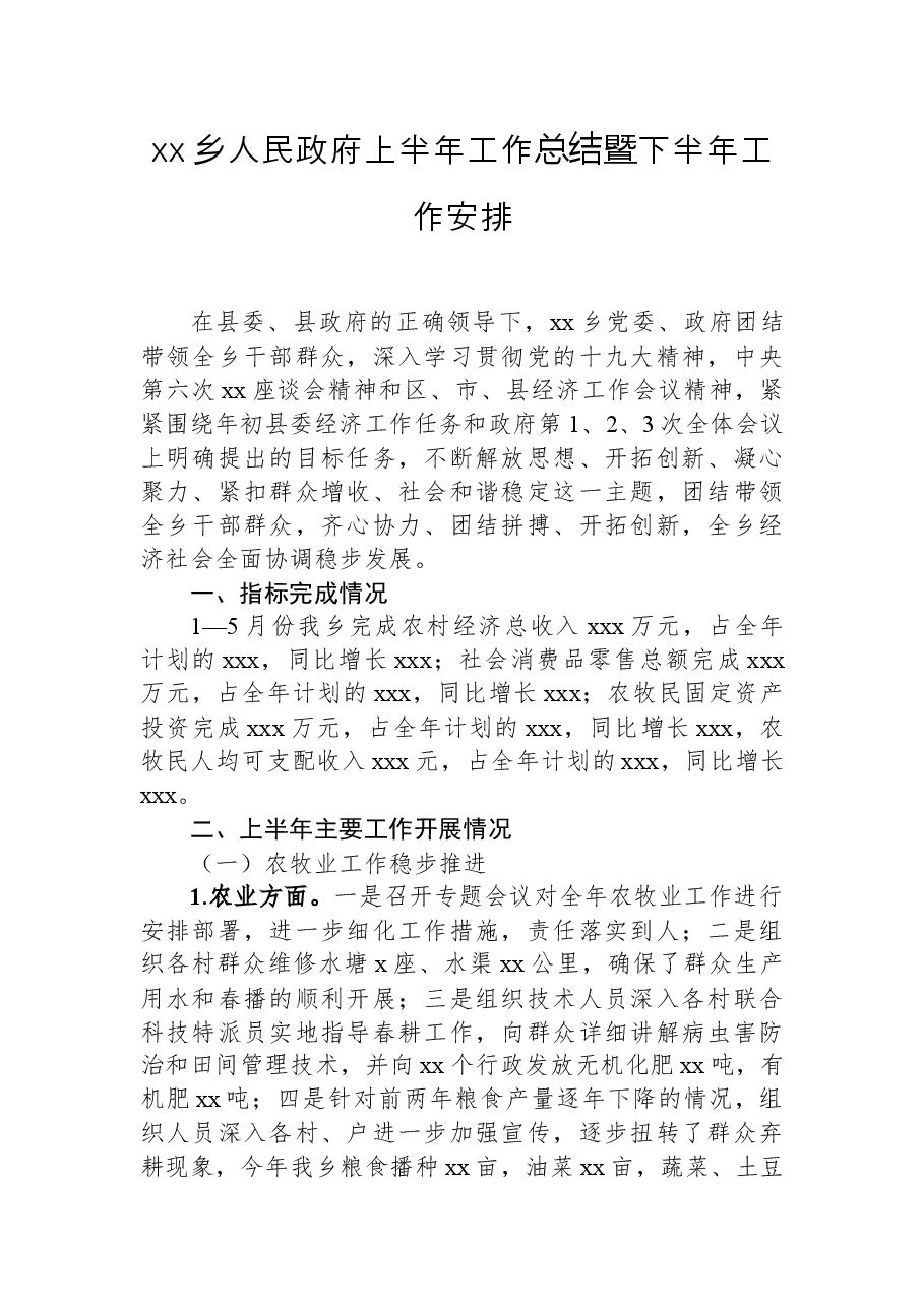 xx乡人民政府上半年工作总结暨下半年工作安排.docx，第1页预览
