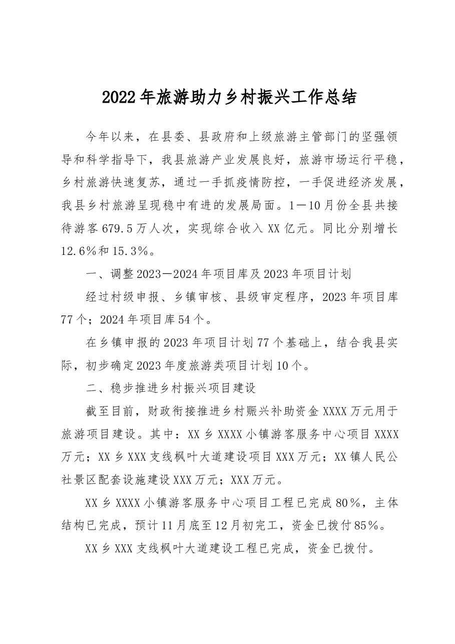 2022年旅游助力乡村振兴工作总结.docx,第1页预览