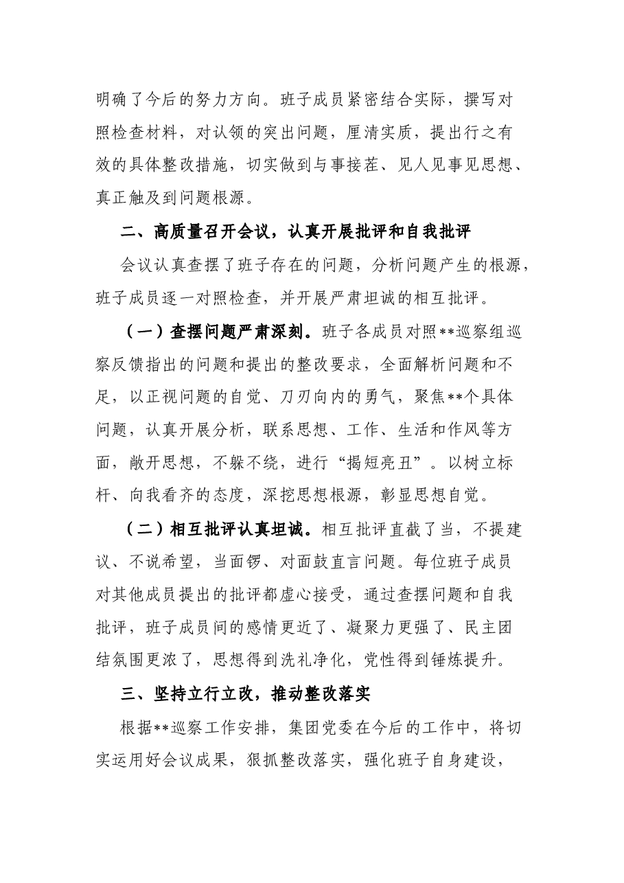 某国有企业巡察整改专题民主生活会召开情况的总结报告.docx,第2页预览