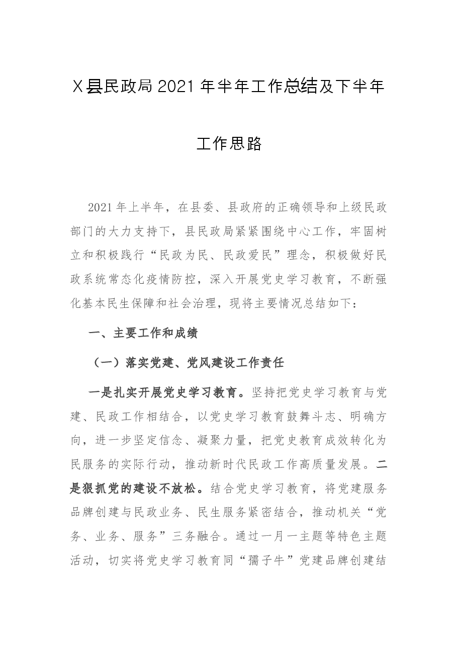 X县民政局半工作总结及下半工作思路.docx,第1页预览