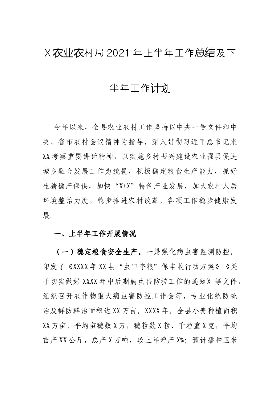 X农业农村局2021年上半年工作总结及下半年工作计划.docx,第1页预览