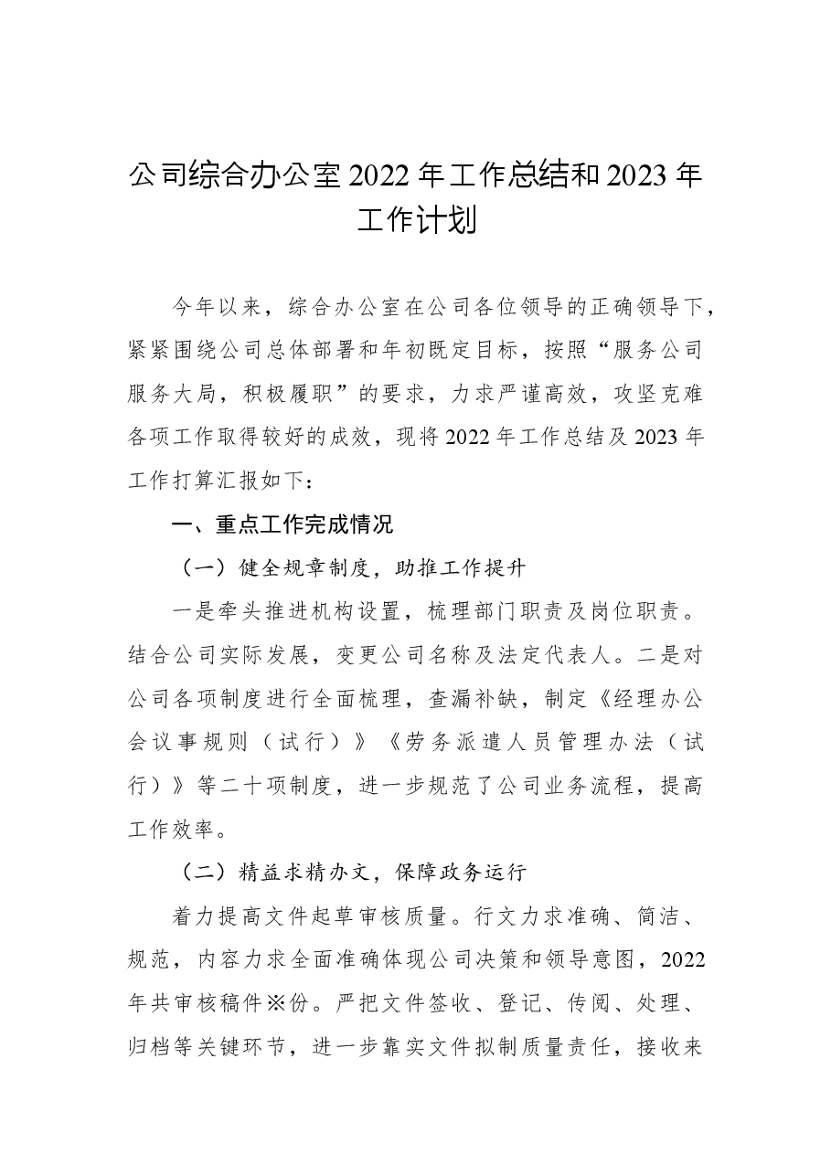 公司综合办公室2022年工作总结和2023年工作计划.docx,第1页预览