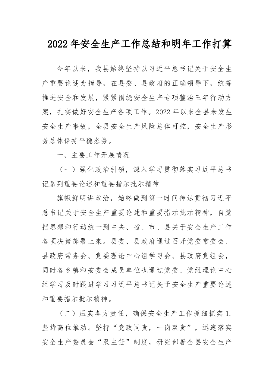 2022年安全生产工作总结和明年工作打算.docx,第1页预览