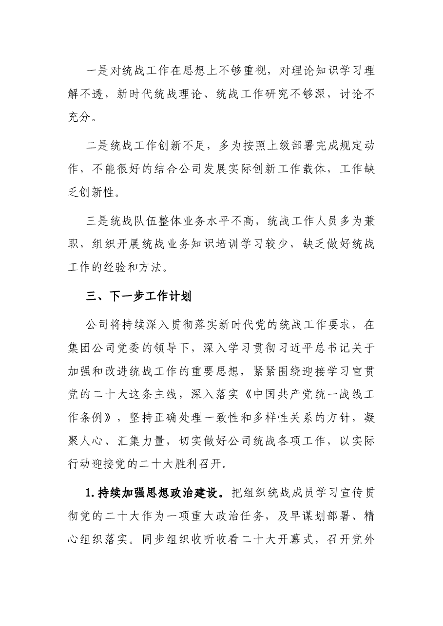 2022年企业统战工作上半年总结和下半年计划.docx，第3页预览
