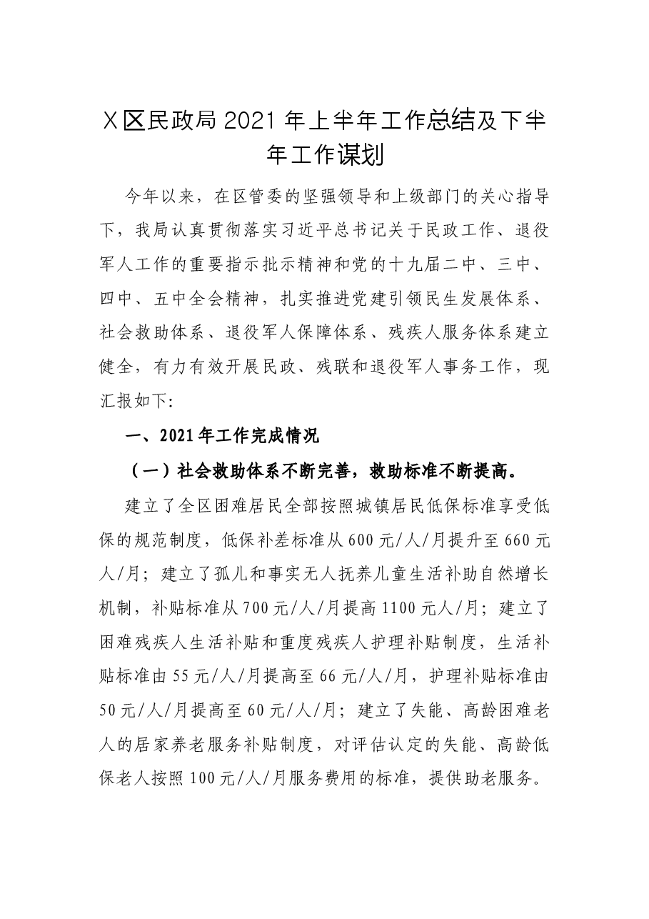 X区民政局2021年上半年工作总结及下半年工作谋划.docx,第1页预览
