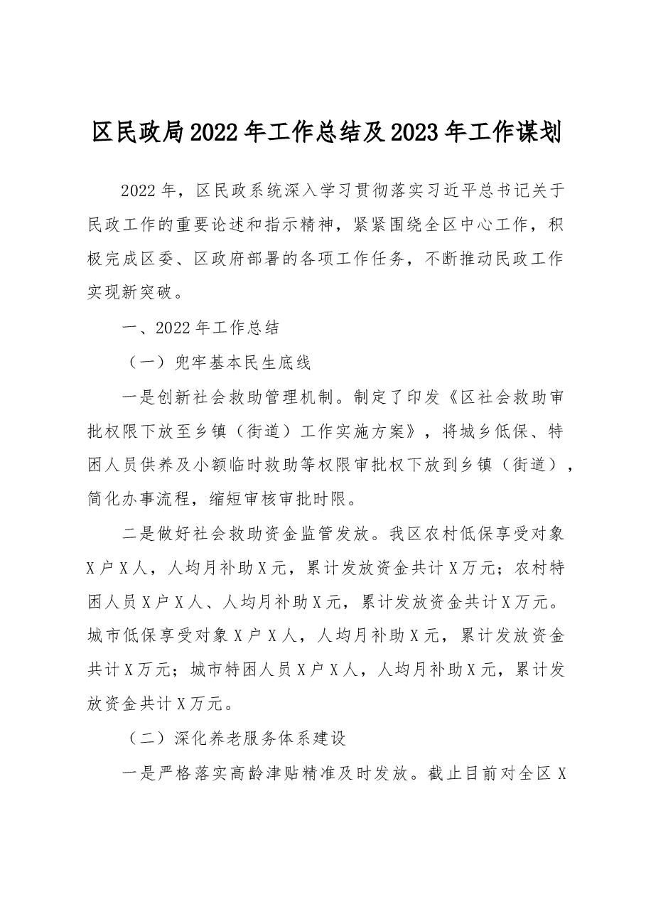 区民政局2022年工作总结及2023年工作谋划.docx，第1页预览