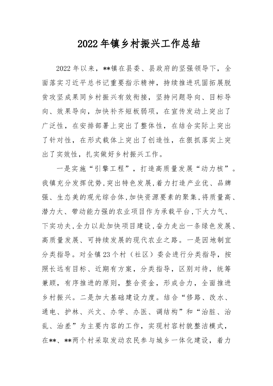 2022年镇乡村振兴工作总结.docx,第1页预览