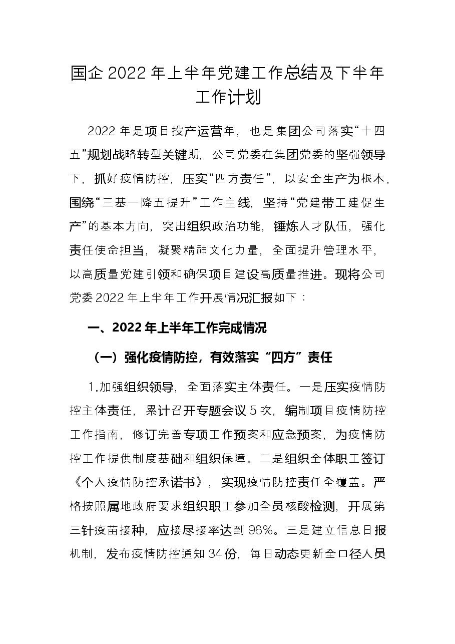 国企2022年上半年党建工作总结及下半年工作计划.docx，第1页预览