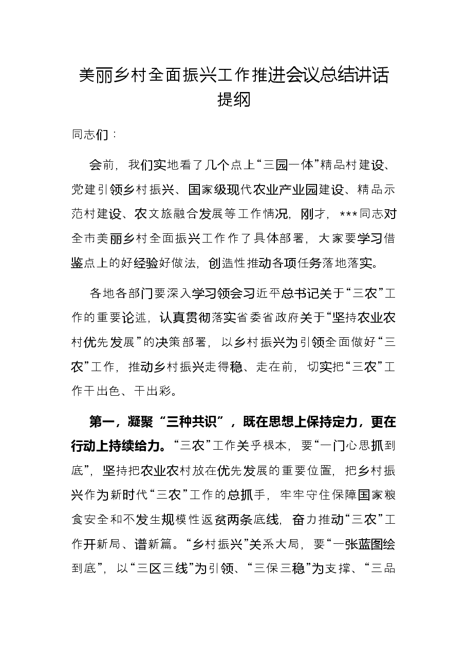 美丽乡村全面振兴工作推进会议总结讲话提纲.docx,第1页预览
