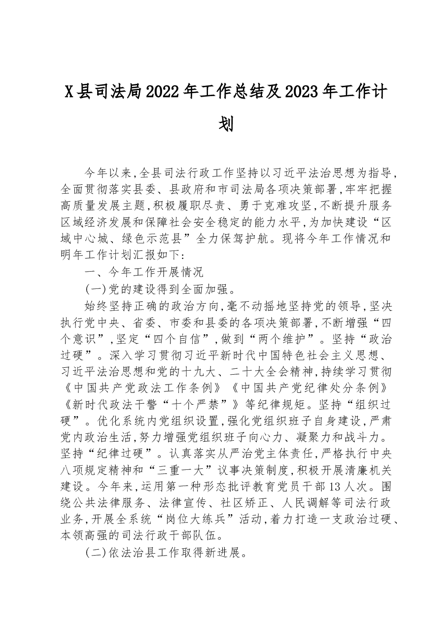 X县司法局2022年工作总结及2023年工作计划.docx,第1页预览
