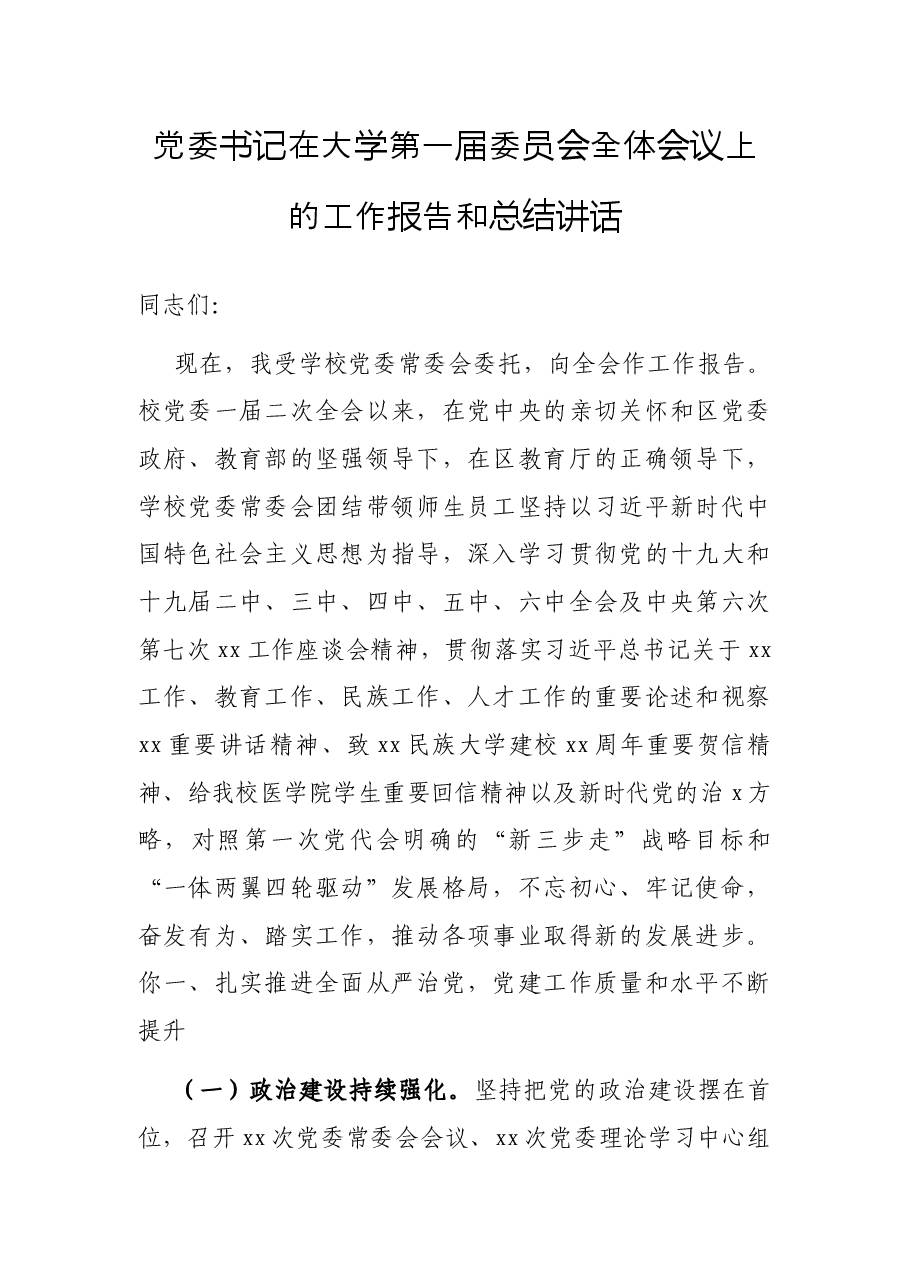 党委书记在大学第一届委员会全体会议上的工作报告和总结讲话.docx,第1页预览