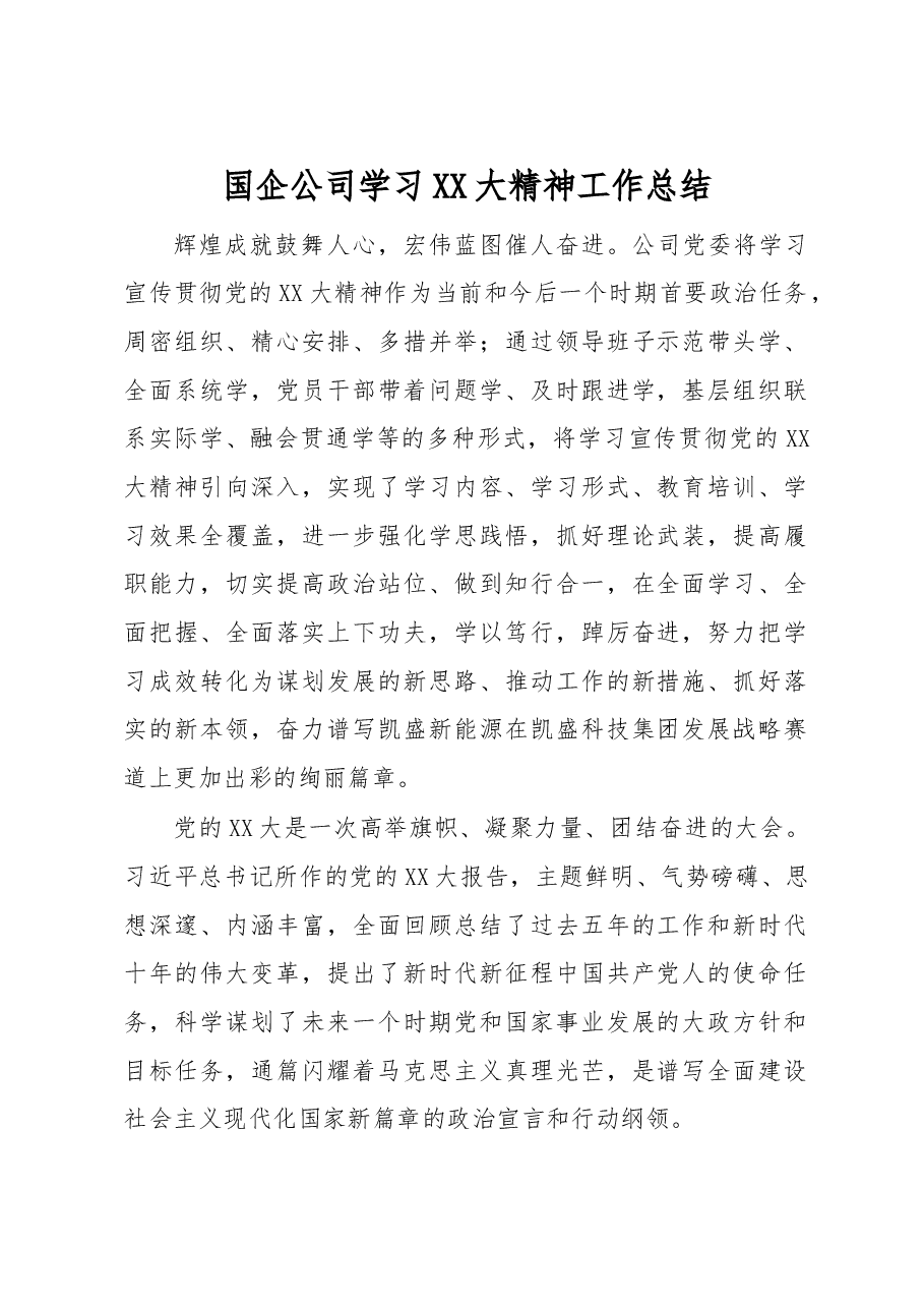 国企公司学习XX大精神工作总结.docx，第1页预览