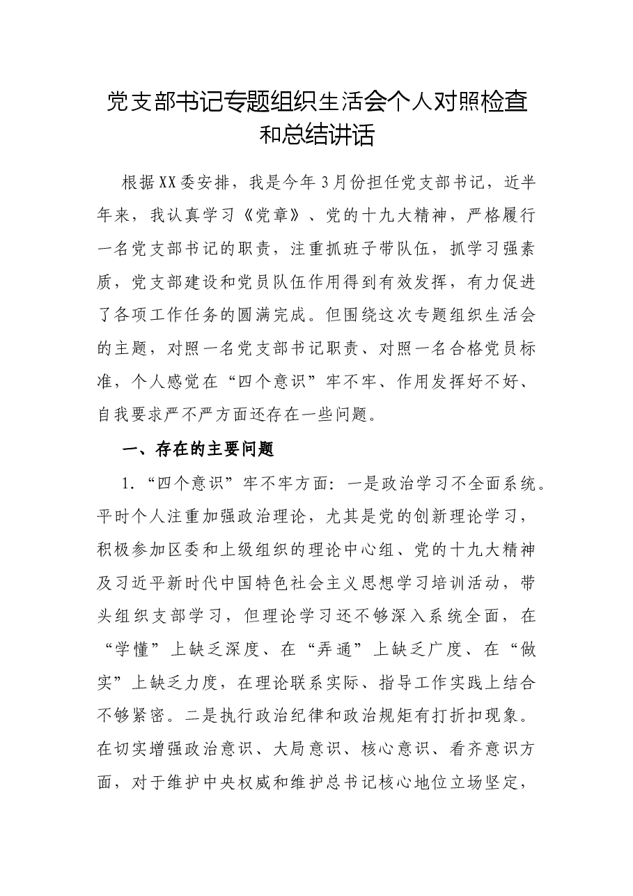 党支部书记专题组织生活会个人对照检查和总结讲话.docx，第1页预览