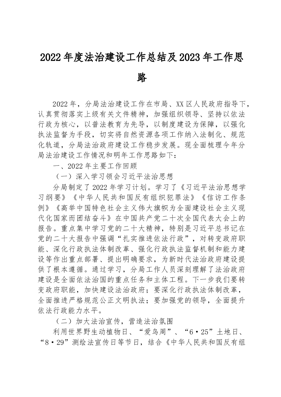 2022年度法治建设工作总结及2023年工作思路.docx，第1页预览