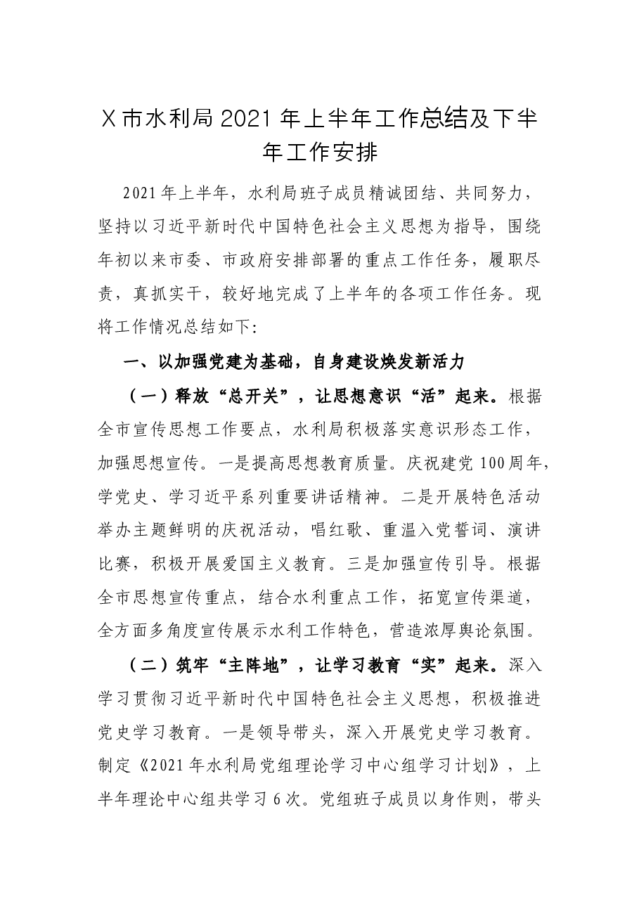 X市水利局2021年上半年工作总结及下半年工作安排.docx,第1页预览