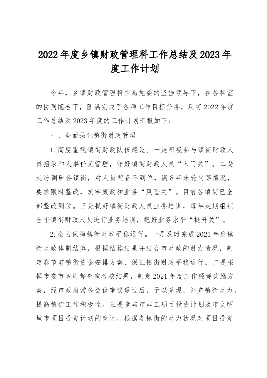 2022年度乡镇财政管理科工作总结及2023年度工作计划.docx,第1页预览