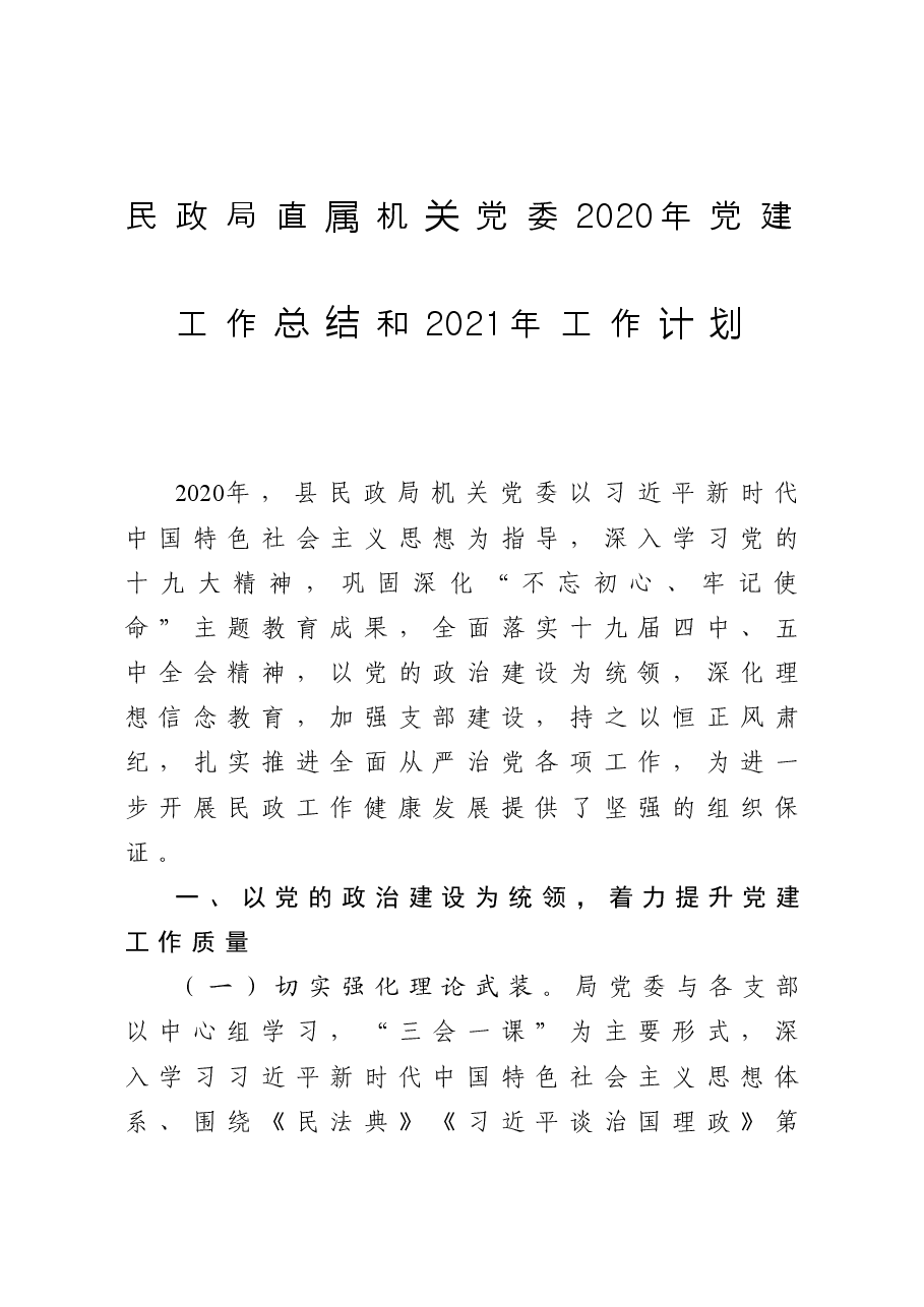 民政局直属机关党委党建工作总结和工作计划.docx,第1页预览
