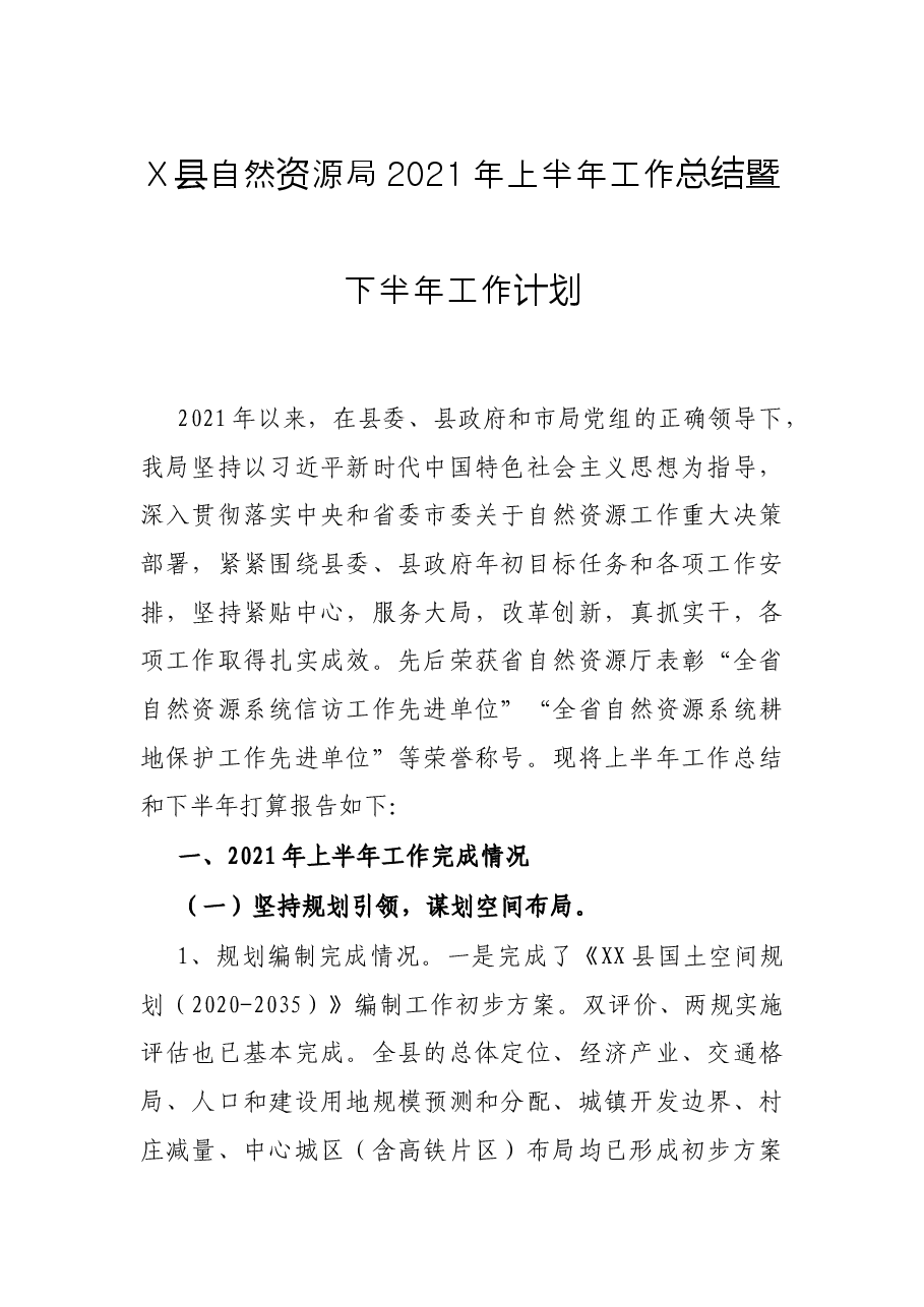 X县自然资源局2021年上半年工作总结暨下半年工作计划.docx,第1页预览
