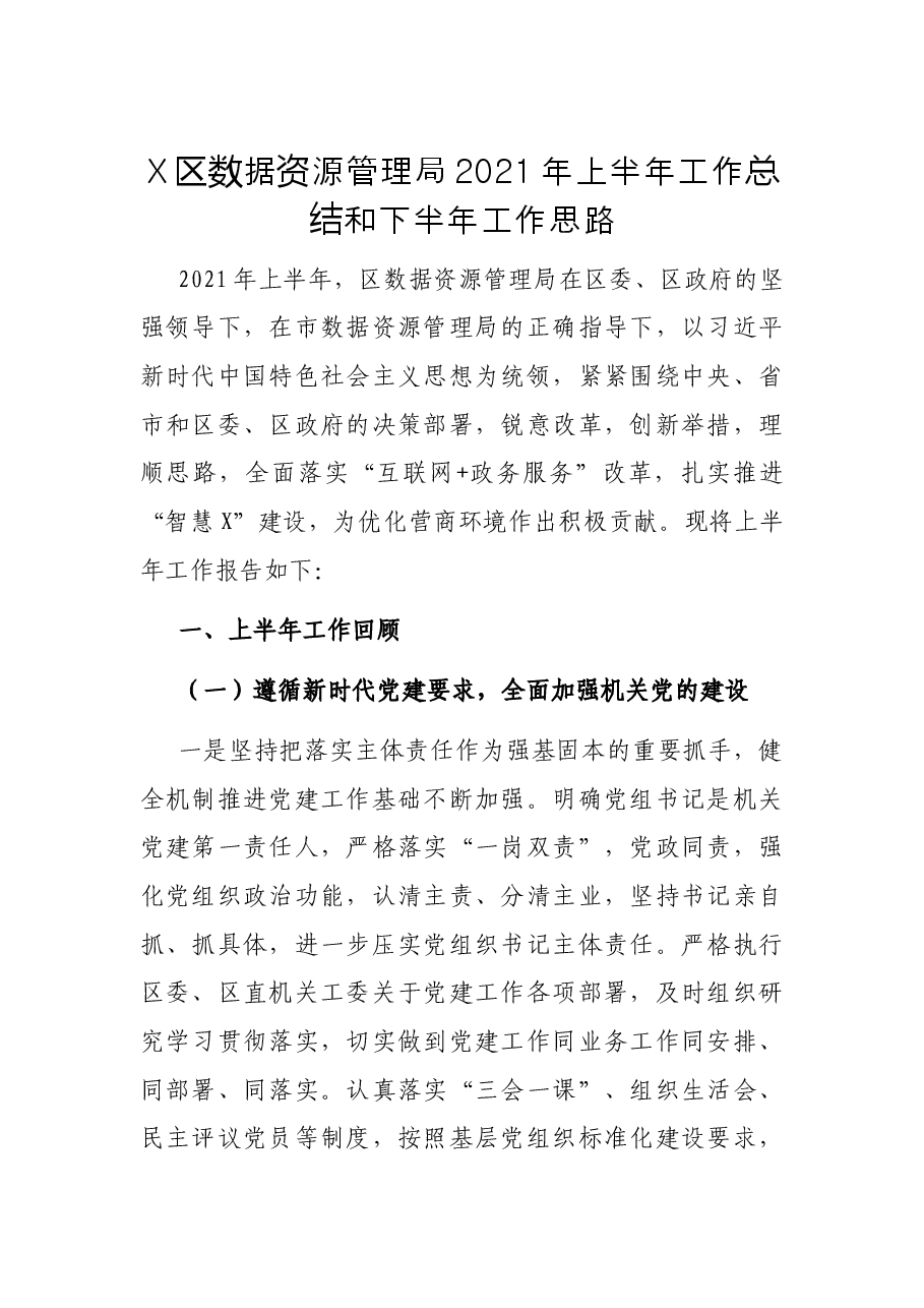 X区数据资源管理局2021年上半年工作总结和下半年工作思路.docx,第1页预览
