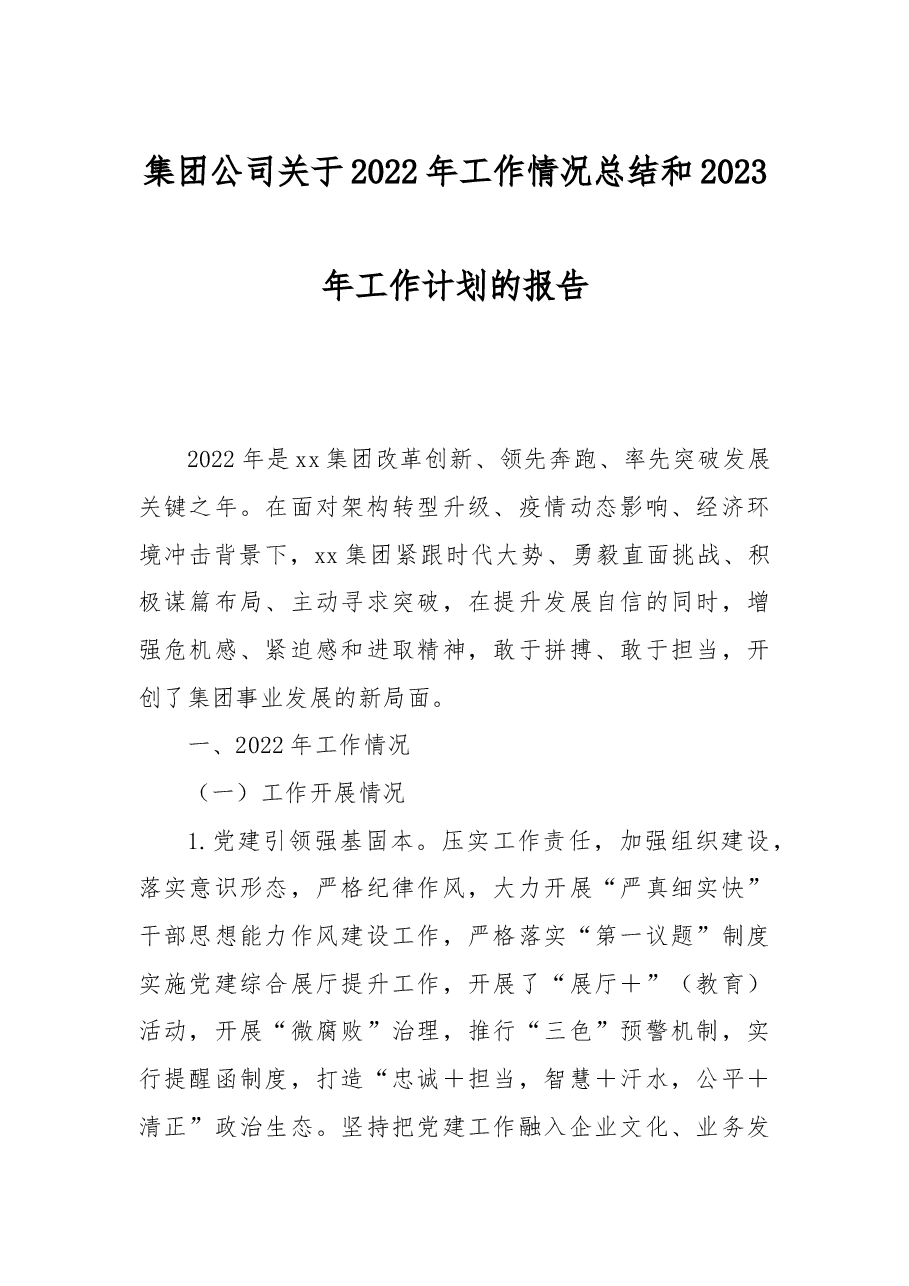 集团公司关于2022年工作情况总结和2023年工作计划的报告.docx,第1页预览
