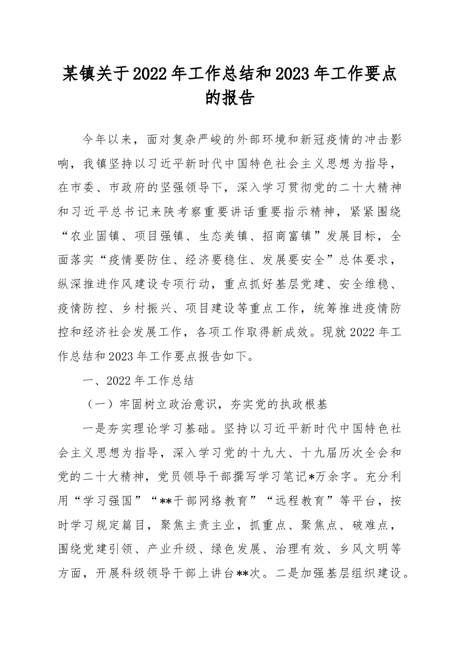 某镇关于2022年工作总结和2023年工作要点的报告.docx,第1页预览